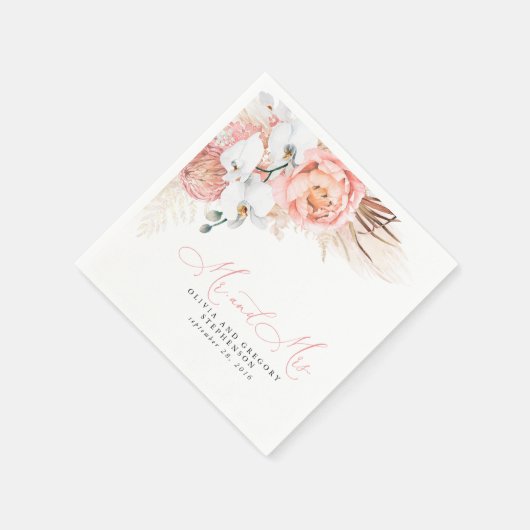 Roze Bloemen Pampas Grass Bruiloft Servetten (Hoek)