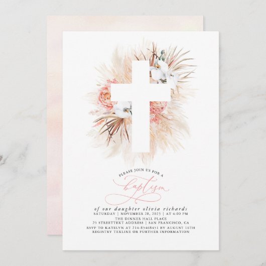 Roze Bloemen Pampas Grass Moderne Meisjes Doop Kaart (Voorkant / Achterkant)