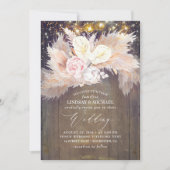 Roze Bloemen Pampas Grass Rustiek Hout Bruiloft Kaart (Voorkant)