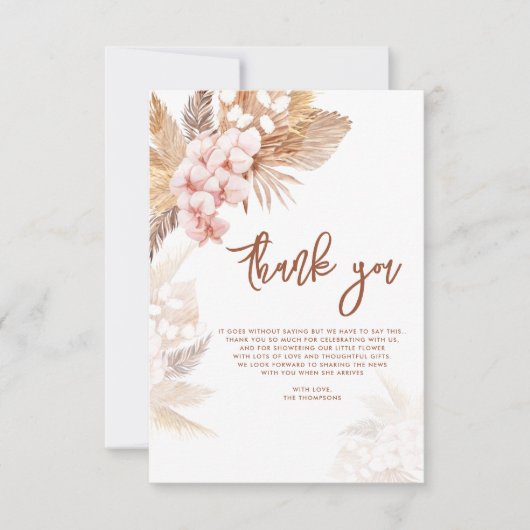 Roze Bloemen Pampas Grass Script Baby shower Bedankkaart (Voorkant)