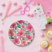 Roze bloemen papieren bordje (Feest)