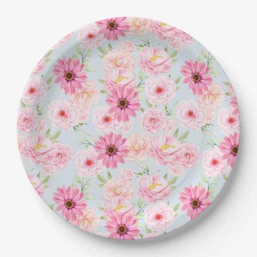 Roze bloemen papieren bordje (Voorkant)