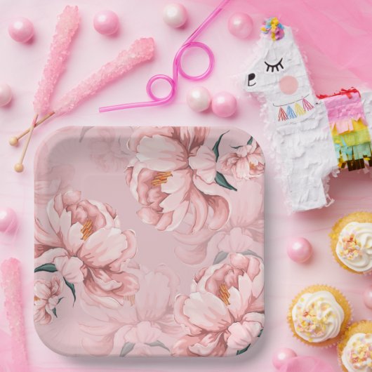 Roze bloemen papieren bordje (Feest)