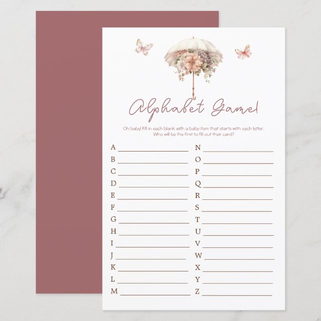 Roze  Bloemen Paraplu Baby shower Alfabet (Voorkant / Achterkant)