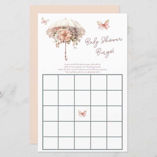 Roze  Bloemen Paraplu Baby shower Bingo (Voorkant / Achterkant)