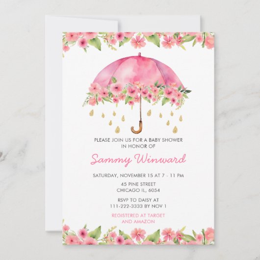 Roze Bloemen Paraplu Baby shower Kaart (Voorkant)