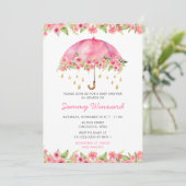 Roze Bloemen Paraplu Baby shower Kaart (Staand voorkant)