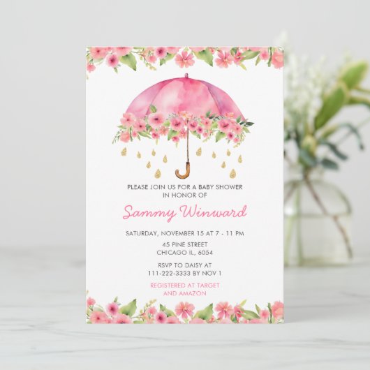 Roze Bloemen Paraplu Baby shower Kaart (Staand voorkant)