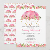 Roze Bloemen Paraplu Baby shower Kaart (Voorkant / Achterkant)