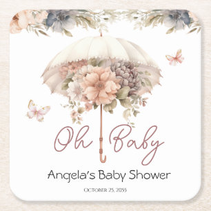 Roze Bloemen Paraplu Baby shower Kartonnen Onderzetters