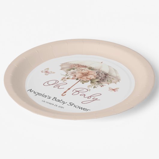 Roze Bloemen Paraplu Baby shower Papieren Bordje (Gekanteld)