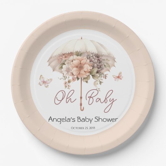 Roze Bloemen Paraplu Baby shower Papieren Bordje (Voorkant)