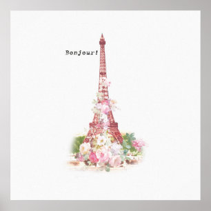 roze bloemen Parijs Eiffeltoren Poster
