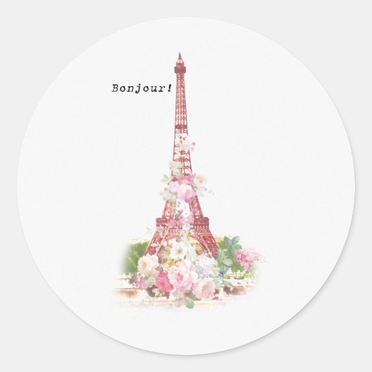 roze bloemen Parijs Eiffeltoren Ronde Sticker (Voorkant)