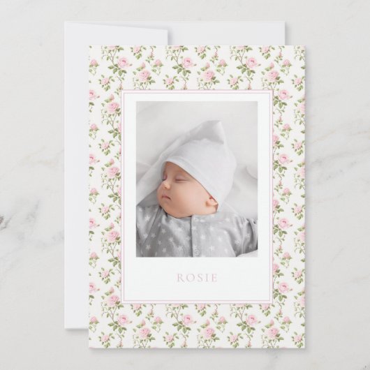 Roze Bloemen Pasgeboren Aankondiging Fotokaart (Voorkant)