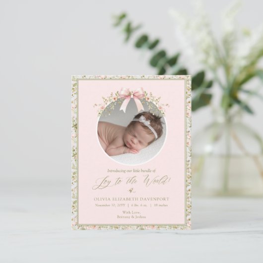 Roze Bloemen Pasgeboren Baby Foto Kerstmis Feestdagenkaart (Staand voorkant)