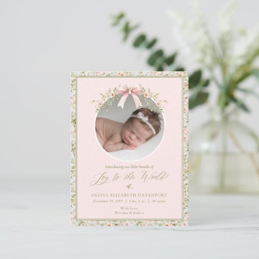 Roze Bloemen Pasgeboren Baby Foto Kerstmis Feestdagenkaart (Staand voorkant)