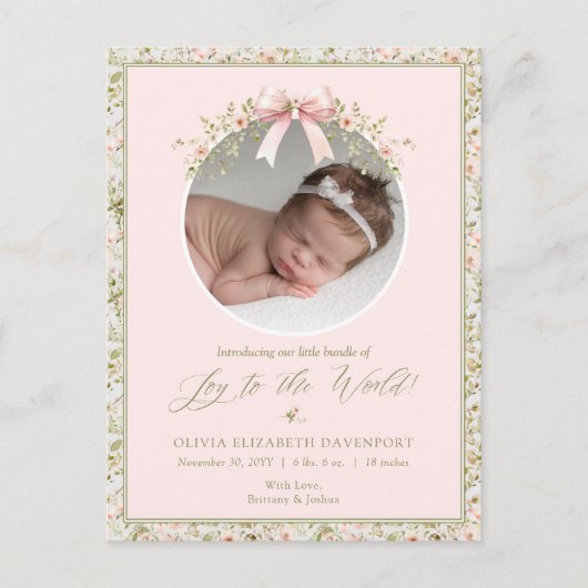 Roze Bloemen Pasgeboren Baby Foto Kerstmis Feestdagenkaart (Voorkant)