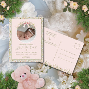 Roze Bloemen Pasgeboren Baby Foto Kerstmis Feestdagenkaart