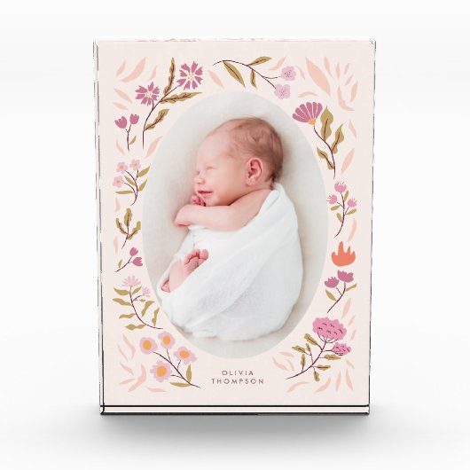 Roze Bloemen Pasgeboren Foto Keepsake (Voorkant)