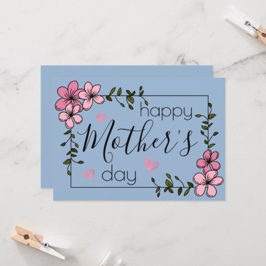 roze bloemen Pastel blue Cerulean moederdag Kaart (Voorkant / Achterkant in situ)