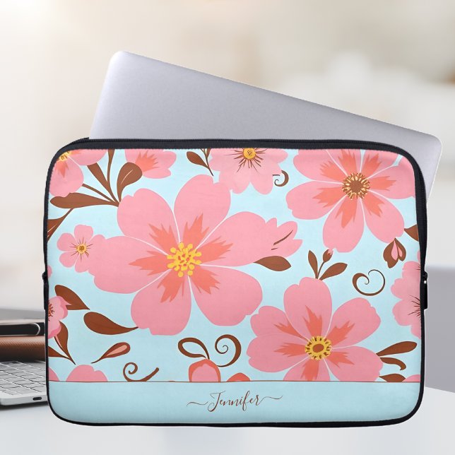 Roze bloemen – Pastel Vibes-Retro bloemen Laptop Sleeve (Pink Floral Mood –Pastel Vibes-Laptop Sleeve-Personalize)