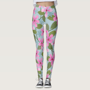 roze bloemen patroon blauwe leggings