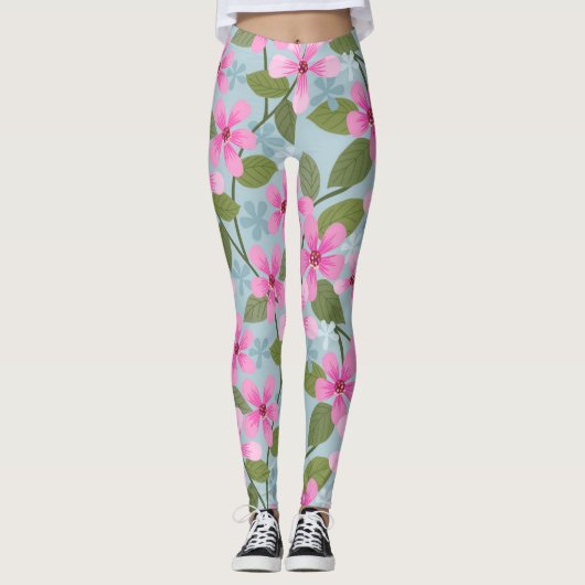roze bloemen patroon blauwe leggings (Voorkant)