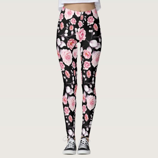 Roze bloemen patroon boven zwart leggings (Voorkant)
