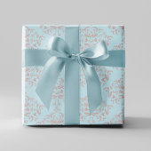 Roze Bloemen Patroon Elegant Blauw Damast Inpakpapier Vel