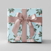 Roze Bloemen Patroon Elegant Blauw Damast Inpakpapier Vel