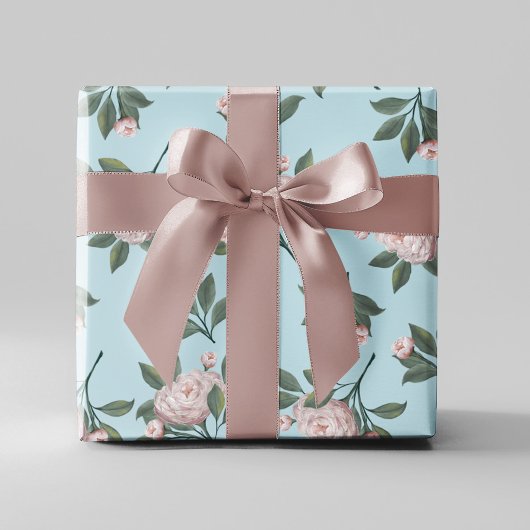 Roze Bloemen Patroon Elegant Blauw Damast Inpakpapier Vel
