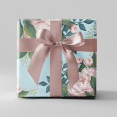 Roze Bloemen Patroon Elegant Blauw Damast Inpakpapier Vel