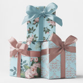Roze Bloemen Patroon Elegant Blauw Damast Inpakpapier Vel