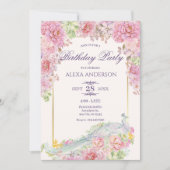 Roze bloemen pauw verjaardag kaart (Voorkant)