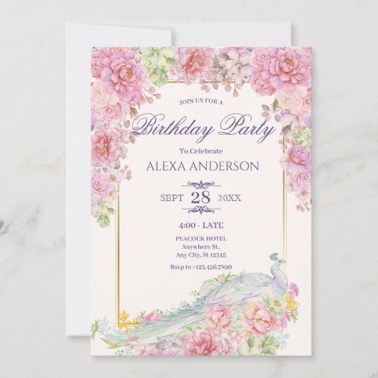 Roze bloemen pauw verjaardag kaart (Voorkant)