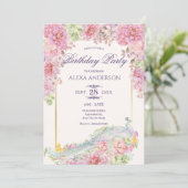 Roze bloemen pauw verjaardag kaart (Staand voorkant)