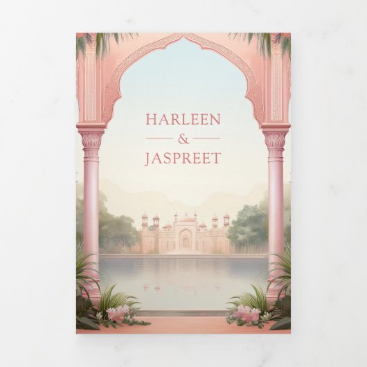 Roze Bloemen Peacocks Koninklijk Indiaas Paleis Br Drieluik Uitnodiging (Cover)