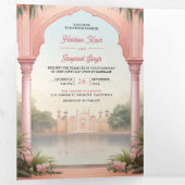 Roze Bloemen Peacocks Koninklijk Indiaas Paleis Br Drieluik Uitnodiging (Binnenzijde eerst)