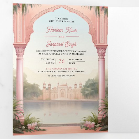 Roze Bloemen Peacocks Koninklijk Indiaas Paleis Br Drieluik Uitnodiging (Binnenzijde eerst)