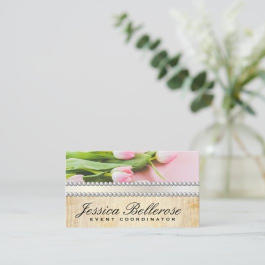 Roze bloemen | Pearls Ribbon Visitekaartje (Staand voorkant)