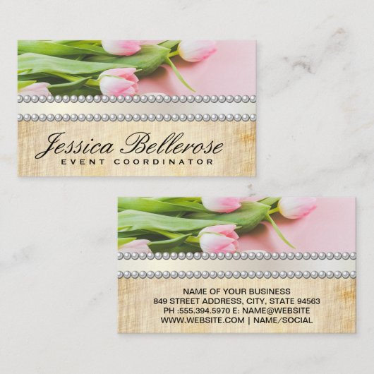 Roze bloemen | Pearls Ribbon Visitekaartje (Voorkant / Achterkant)