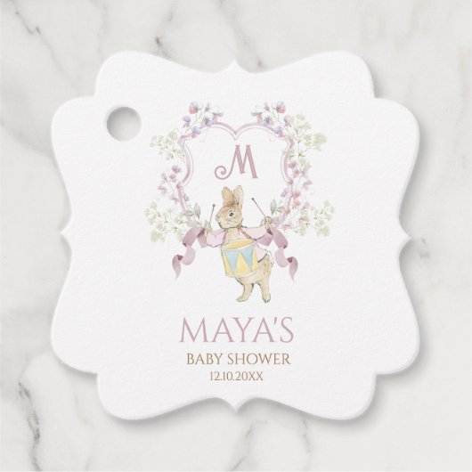 Roze Bloemen Peter de Konijn Monogram Baby shower Bedankjes Labels (Voorkant)