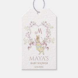 Roze Bloemen Peter de Konijn Monogram Baby shower Cadeaulabel