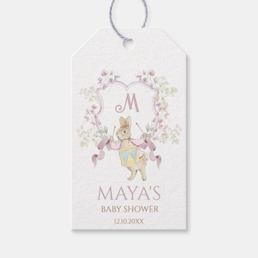 Roze Bloemen Peter de Konijn Monogram Baby shower Cadeaulabel (Voorkant)