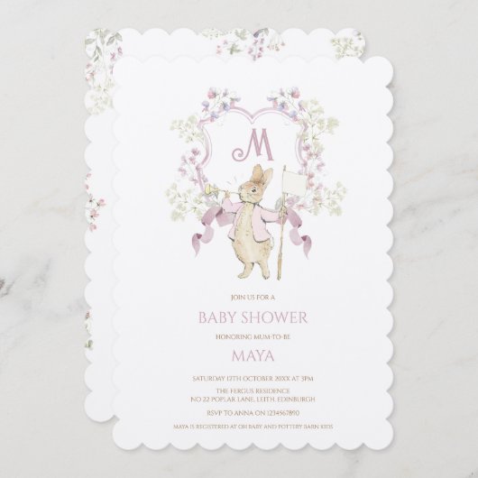 Roze Bloemen Peter de Konijn Monogram Baby shower Kaart (Voorkant / Achterkant)