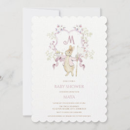 Roze Bloemen Peter de Konijn Monogram Baby shower Kaart