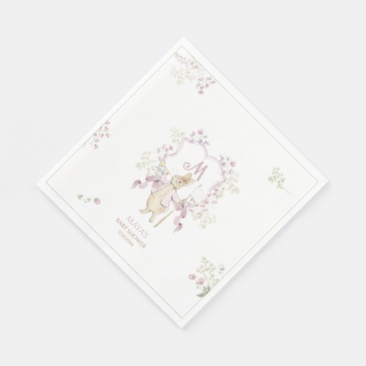 Roze Bloemen Peter de Konijn Monogram Baby shower Servet (Hoek)