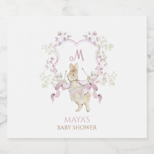 Roze Bloemen Peter de Konijn Monogram Baby shower Sparkling Wijnetiket (Enkel label)