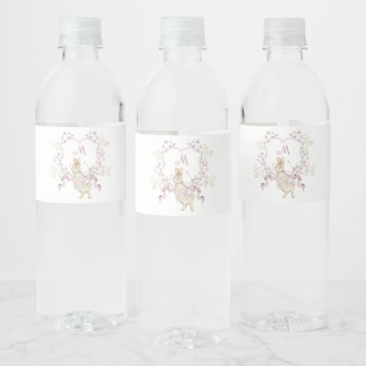Roze Bloemen Peter de Konijn Monogram Baby shower Waterfles Etiket (Flessen)